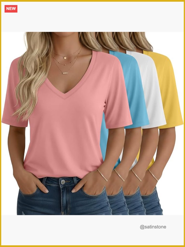 Women's V-Neck Half Sleeve T-Shirts 4-Pack Loose Fit